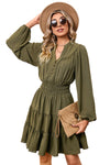 Green Solid Color Notch Neck Tiered Long Sleeve Dress