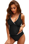 Black Colorblock Scalloped V Neck Tankini Swimsuit