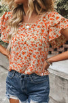 Orange Floral Tiered Sleeve Blouse