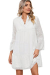 White Chevron Textured Notch Neck Mesh Tiered Dress