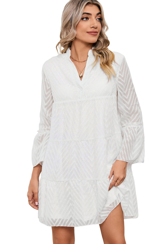 White Chevron Textured Notch Neck Mesh Tiered Dress