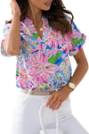 Pink Abstract Floral Print Split V Neck Top