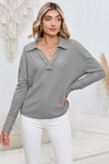 Gray V Neck Collared Retro Waffle Long Sleeve Top | Other Colors Available