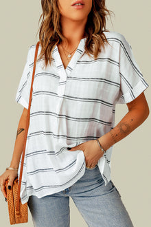  White Striped Print Casual Back Pleated Side Split Blouse | Available in 3 Colors