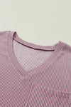 Black Ribbed V Neck Pocket Drop Sleeve T-Shirt