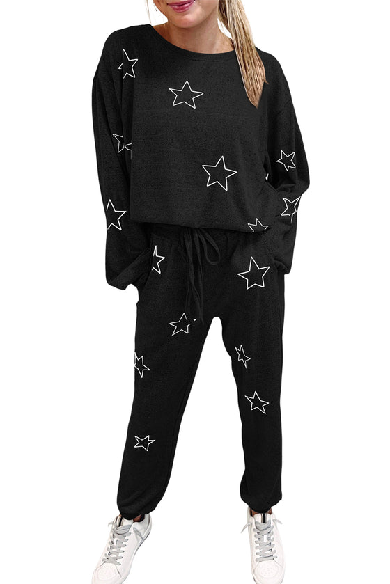 Black Stars Print Long Sleeve Top and Drawstring Pants Set | Available in Gray