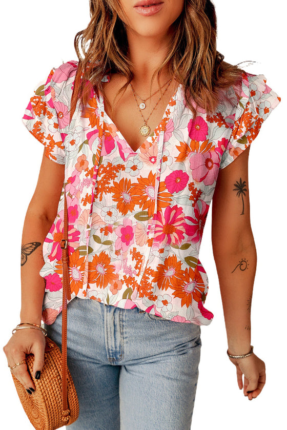 Pink and Orange Floral V-Neck Peasant Top