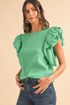 Green Solid Color Ruffle Sleeve Ribbed Blouse