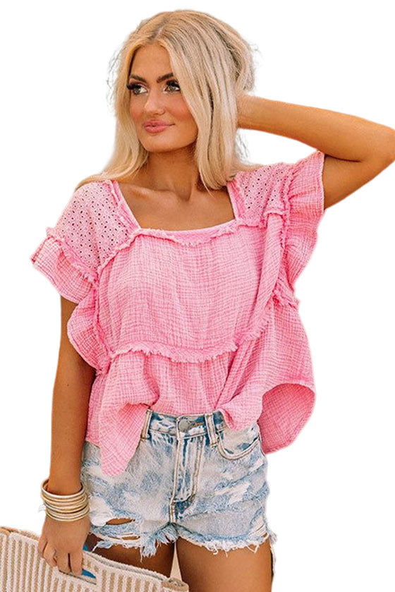 Pink Eyelet Patchwork Ruffle Frayed Crinkle Blouse