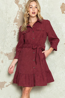  Ruby Corduroy Belted Ruffle Hem Mini Dress