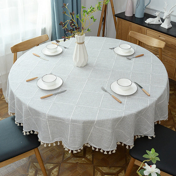 Large Round Table Cloth in Grid Pattern with Ivory Tassel Trim