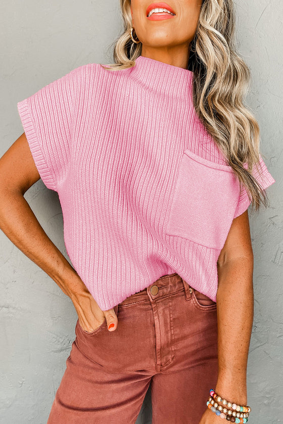 Oatmeal Patch Pocket Ribbed Knit Short Sleeve Sweater | Available in 7 Colors