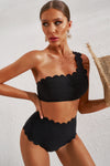 Black Scalloped Trim Asymmetrical Neck High Waist Bikini