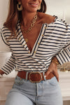 Black and White Striped Snap Button Ruffle Trim Long Sleeve Top