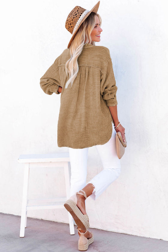 Loose Crinkle Button V Neck Henley Top | Available in 4 Colors