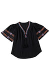 Black Boho Tassel Drawstring Embroidered Blouse