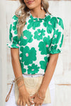 Green 60s Floral Print Puff Sleeve Frill Neckline Blouse