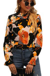 Black Floral Frilled Neck Ruffle Blouse