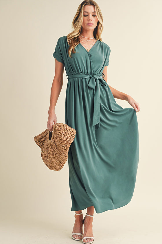 Green Wrap V Neck Belted Pleated Maxi Dress