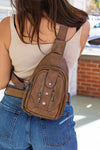 Brown PU Leather Zipped Multi-pockets Crossbody Sling Bag