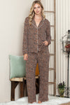 Leopard Print Lapel Neck Shirt and Drawstring Pants Loungewear Set