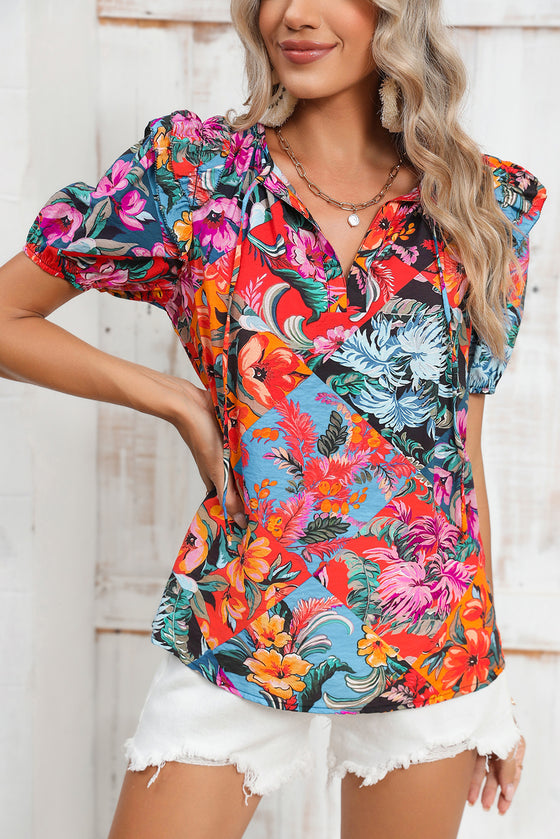 Tropical Floral V Neck Ruffle Blouse