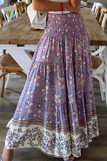  Purple Floral Print Shirred High Waist Maxi Skirt