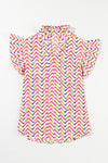 Multicolor Chevron Print Frill V Neck Ruffle Blouse