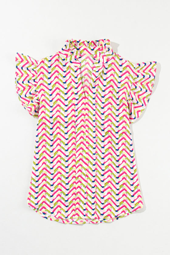 Multicolor Chevron Print Frill V Neck Ruffle Blouse