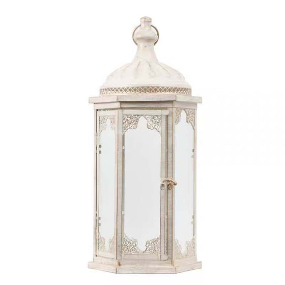 Wrought Iron Candle Lantern Set in Shabby Chic White Finish