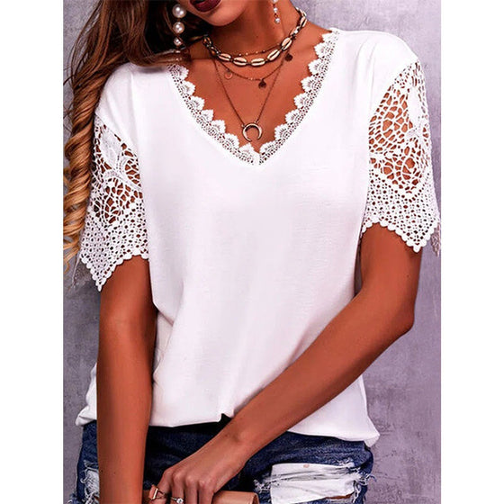 V-Neck Loose Fitting Top with Lace Sleeves