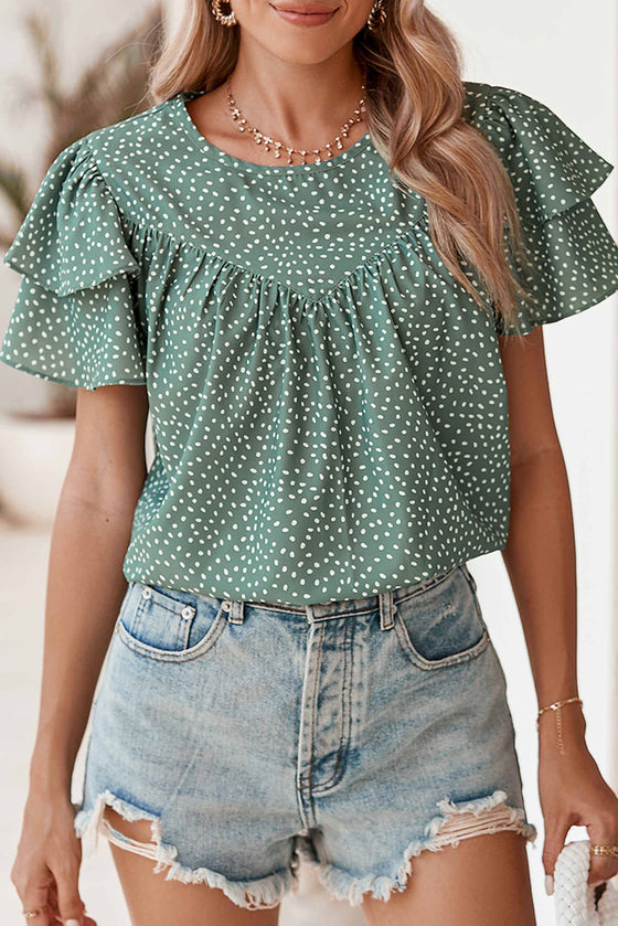 Spotted Print Pleated Ruffle Sleeve Blouse | Available in 3 Colors