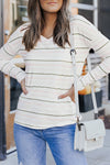 White Striped V Neck Long Sleeve Shirt