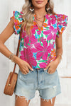 Multicolor Floral Print V Neck Ruffle Shoulder Blouse