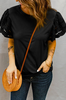  Black T-shirt with Crochet Lace Short Sleeves | Available in 2 Colors