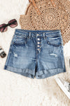 Light Blue Button Fly Distressed High-Rise Denim Shorts