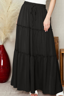  Black Casual Tiered Drawstring Elastic Waist Maxi Skirt