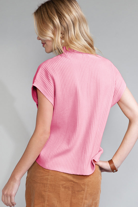 Oatmeal Patch Pocket Ribbed Knit Short Sleeve Sweater | Available in 7 Colors