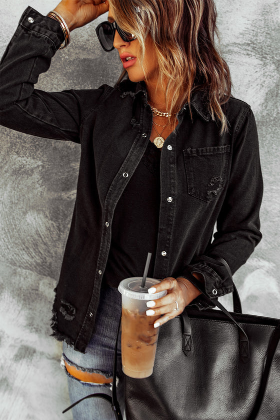 Black Ripped Raw Hem Button Up Denim Shacket