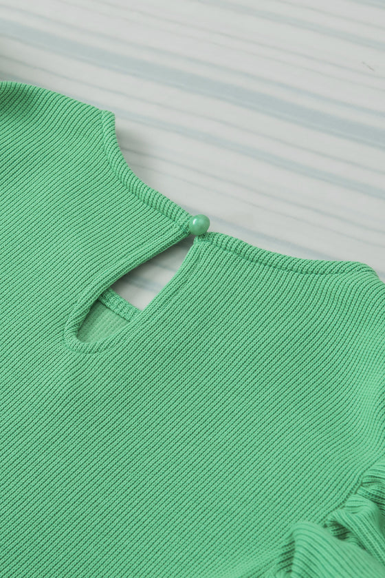 Green Solid Color Ruffle Sleeve Ribbed Blouse