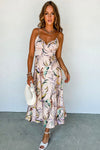 Apricot Tropical Print Spaghetti Straps Dress