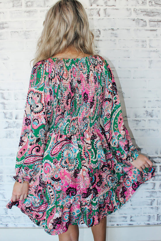 Pink Paisley Print Smocked Ruffle Hem Dress