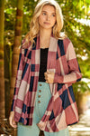 Red Plaid Casual Draped Open Front Cardigan