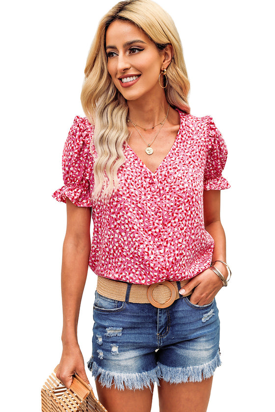 Pink Abstract Print V-Neck Blouse