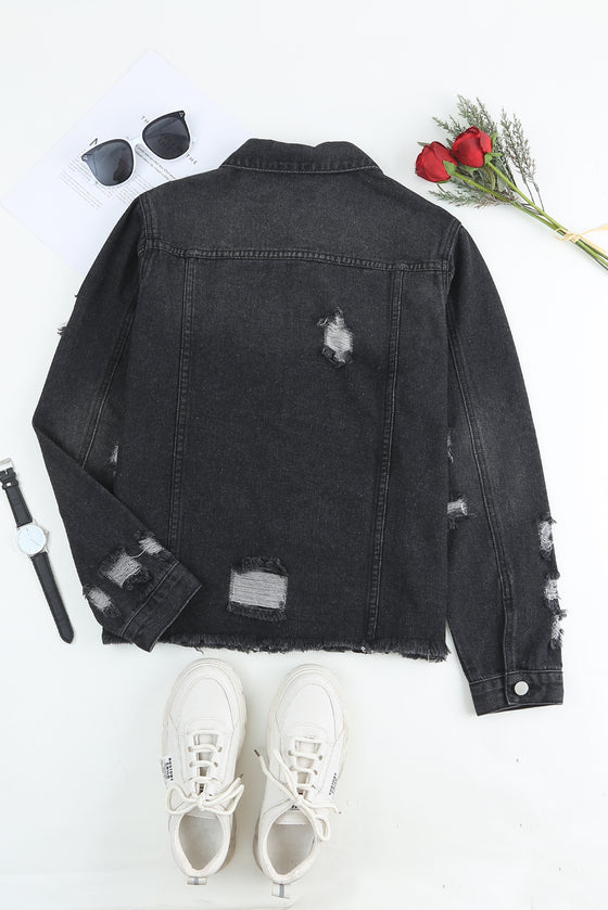 Black Casual Distressed Raw Hem Buttons Denim Jacket | Available in 3 Colors