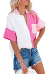 Hot Pink Color Block Short Sleeve Polo Blouse