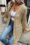 Khaki Pointelle Knit Open Front Long Cardigan