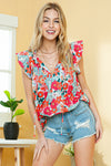 Wholesale Rose Red Boho Floral Print Ruffle Tie V Neck Sleeveless Shirt