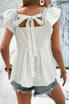 White Floral Embroidered Tie Back Ruffle Blouse