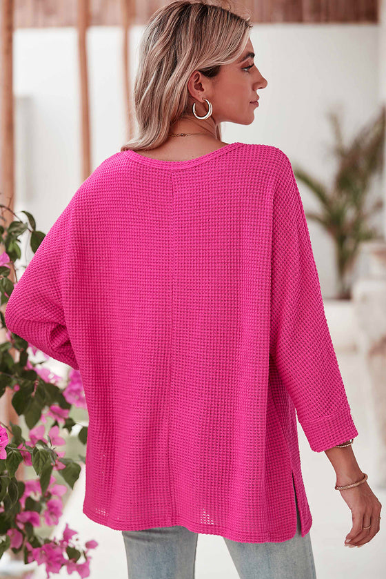 Rose Red Textured Sleeve Split Top